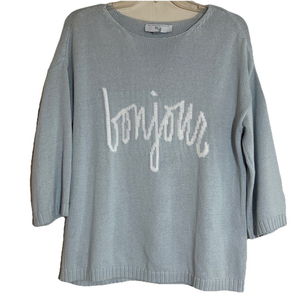 MB Bonjour Knit Sweater Women’s Petite PS Blue White Cotton 3/4 Sleeve Pullover